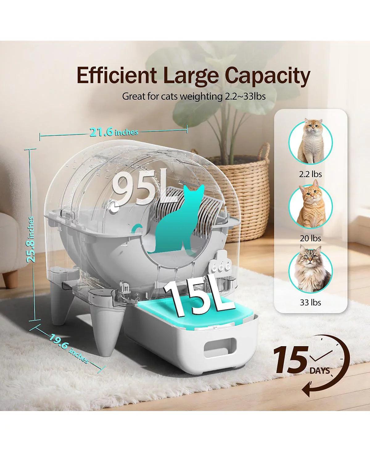 Automatic Self-Cleaning Cat Litter Box with 95L Drum & 15L Sealed Waste Bin, Quiet Mode