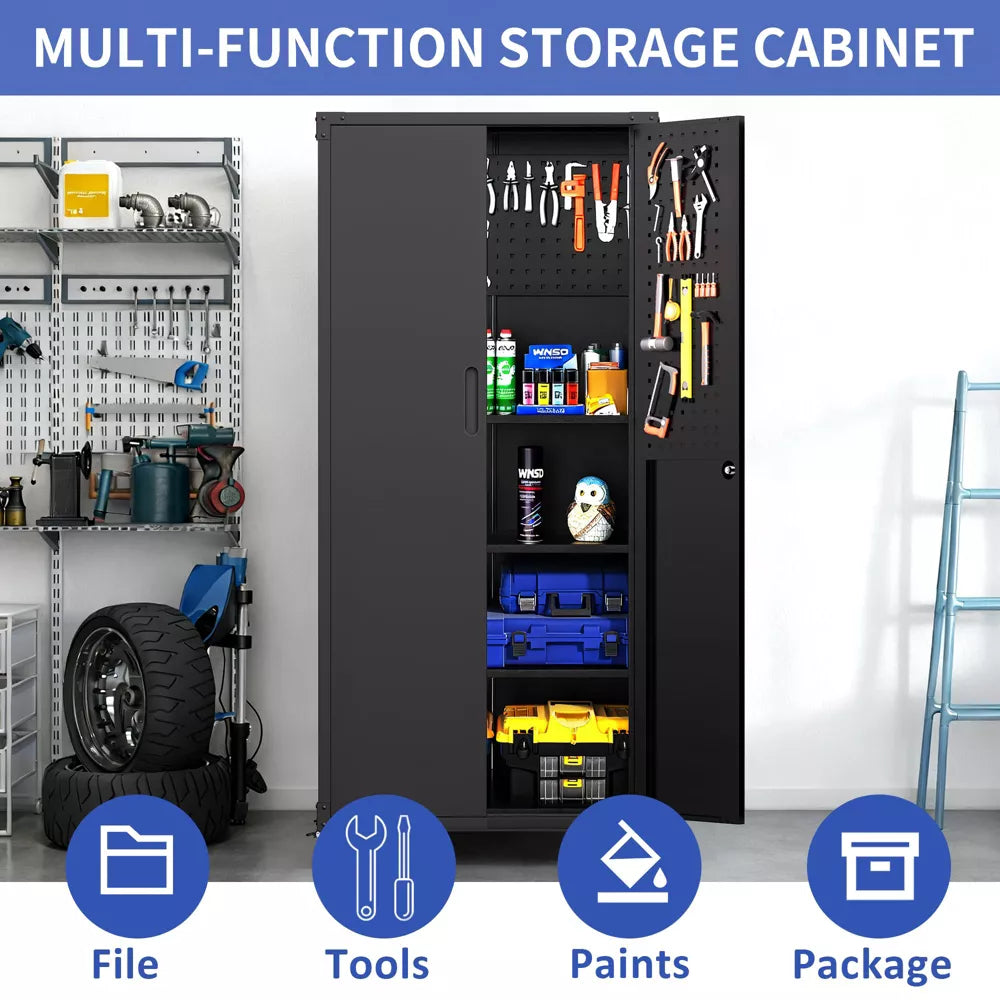 VIYET 71" Garage Storage Cabinet with Wheels, Locking Steel Doors & Adjustable Shelves, Heavy Duty Metal Organizer