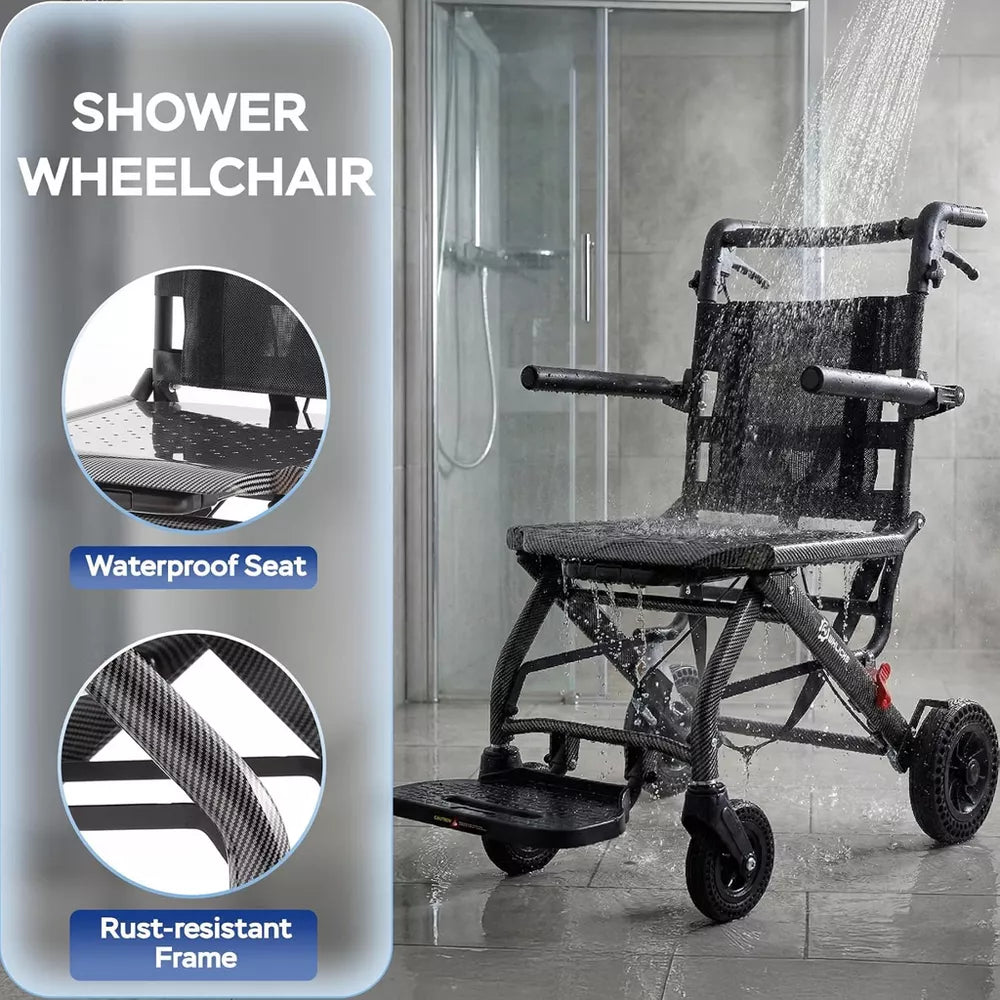 WHLICKS Lightweight Transport Wheelchair for Adults, 17" Seat Width, Foldable Portable Shower Chair with Telescopic Handle for Travel - Dark Gray