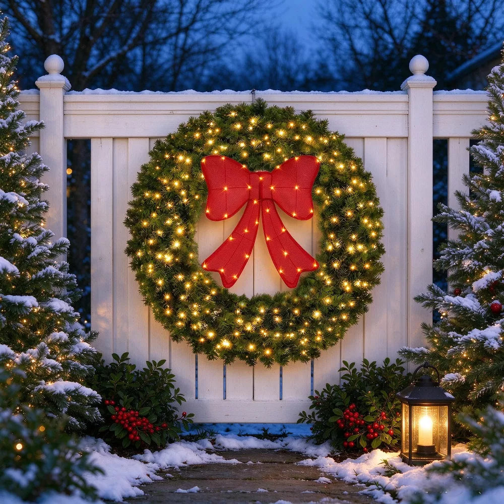 LauKingdom 48 Inch Oversized Pre-Lit Christmas Wreath, Full Green Pine with Warm White LED Lights and Lighted Red Bow for Large Front Door Decor