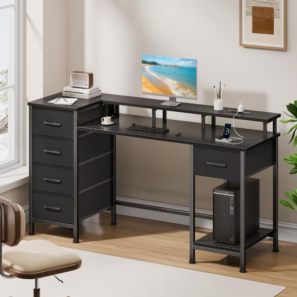 Qwatto 47" Carbon Fiber Black Gaming Desk with Charging Station LED Lights Reversible Computer Desk 5 Fabric Drawers Home Office Writing Study Table