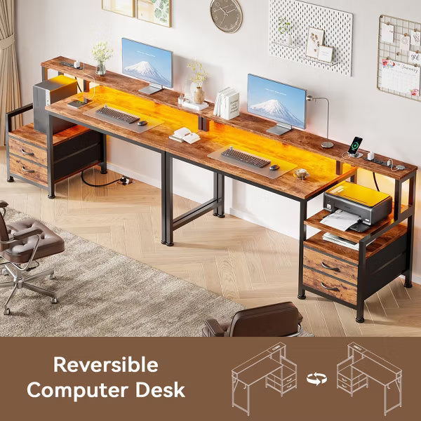 Qwatto 47" Computer Desk with LED Lights and Charging Station Reversible Computer Desk with Monitor Stand and Fabric Drawers Corner Office Workstation