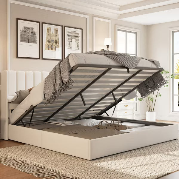 AMERLIFE Lift Up Storage Bed Frame with Vertical Channel Tufted Headboard and Wingback