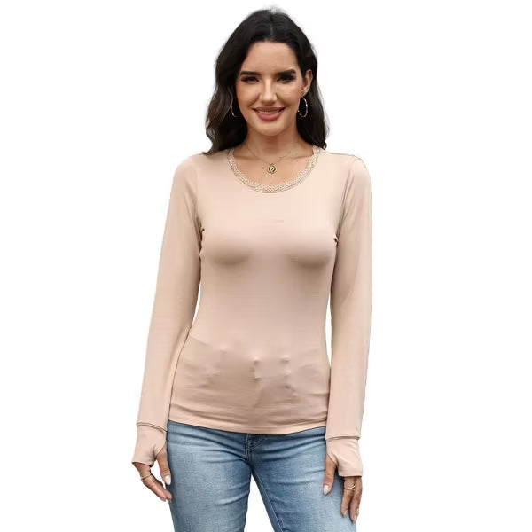 Ekouaer Women's Lace Trim Crew Neck Long Sleeve Thermal Top with Thumb Holes Khaki S