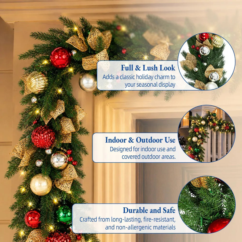 Romswi 9FT Pre-lit Artificial Christmas Garland Realistic PE PVC Ornaments 80 LED Lights Battery Operated Timer Lighted Holiday Xmas Decoration