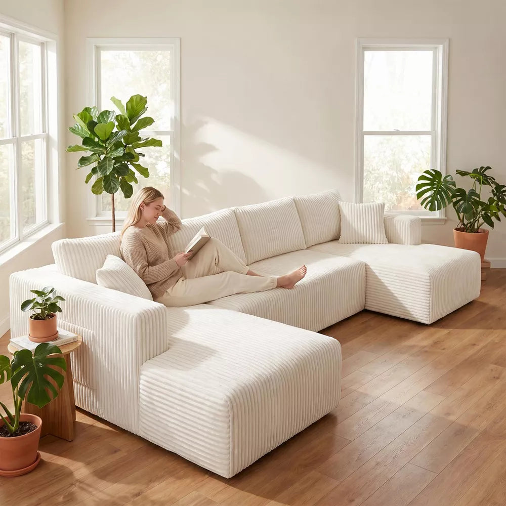 132" Modern U-Shaped Sectional Sofa - Comfy Corduroy Cloud Couch - Minimalist Memory Foam Sleeper Sofa, No Assembly Required