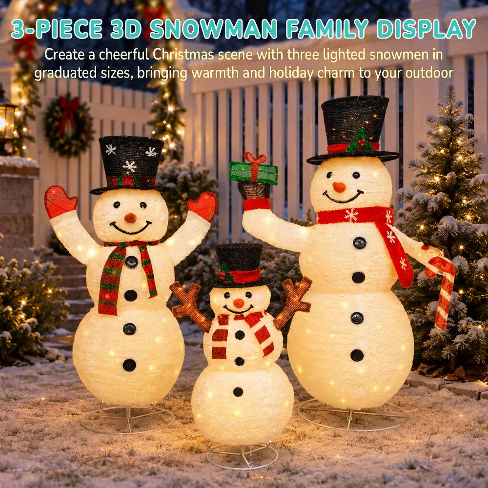 Romswi 3-Piece Pre-Lit Pop-Up Snowman Family Lighted Outdoor Christmas Decoration Xmas Holiday Decor w/ 250 LED Lights for Yard Porch Patio Garden