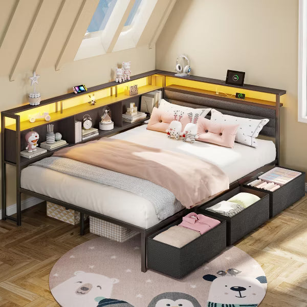 Qwatto Black Full Bed Frame with LED Lights Charging Station Storage Bookcase 3 Drawers Upholstered Headboard Corner Daybed No Box Spring Support