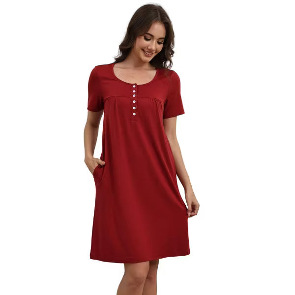 Ekouaer Women's Henley Short Sleeve Knit Nightgown with Side Pockets BF200 S