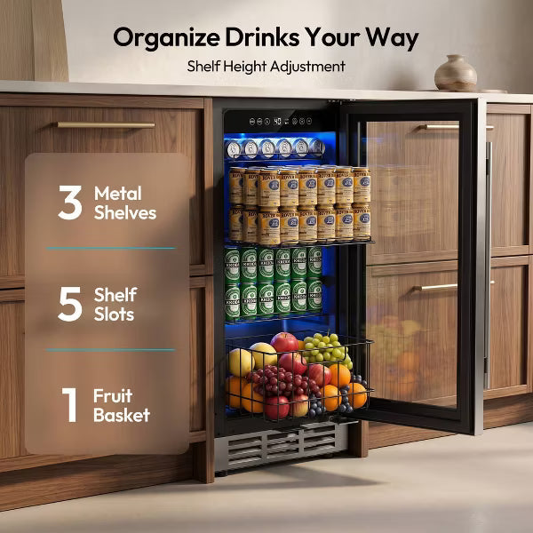 EUHOMY 180 Can Beverage Refrigerator- 24 Inch Built-In Cooler with Fruit Drawer- Silver