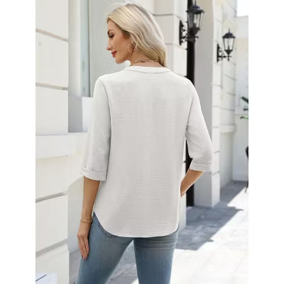 Zeagoo Women's 3/4 Sleeve V Neck Casual Tunic Loose Blouse with Side Split Notch Lace Panel Textured-White-S