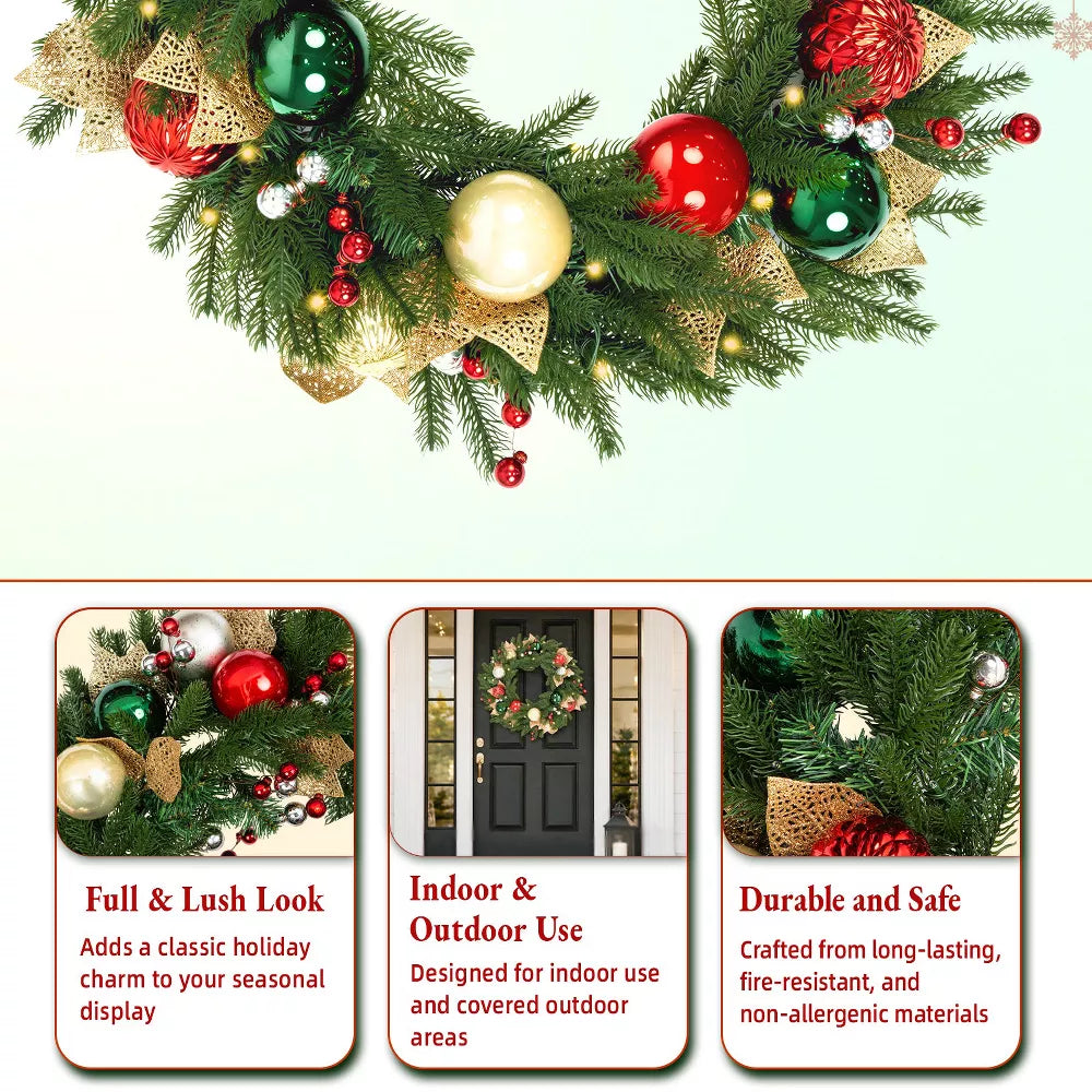 Romswi 24in Pre-Lit Artificial Christmas Wreath Realistic PE PVC Ornaments Battery-Powered Holiday Decoration with Timer LED Lights for Front Door