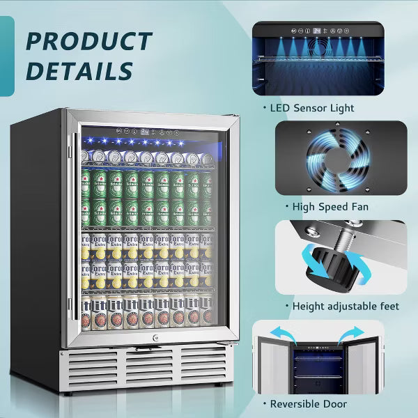 EUHOMY 180 Can- 5.05 Cu.Ft Glass Door Mini Fridge with LED Light & Adjustable Shelves- Silver