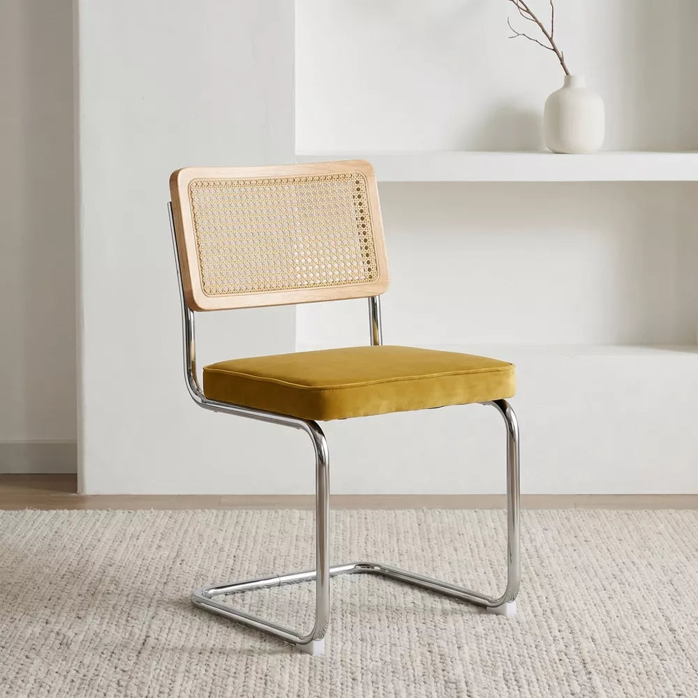 Rattan Dining Chairs Set of 2, Modern Kitchen Chairs with Solid Wood Back & Chrome Base, Upholstered Velvet Fabric for apartment,Dorm Room