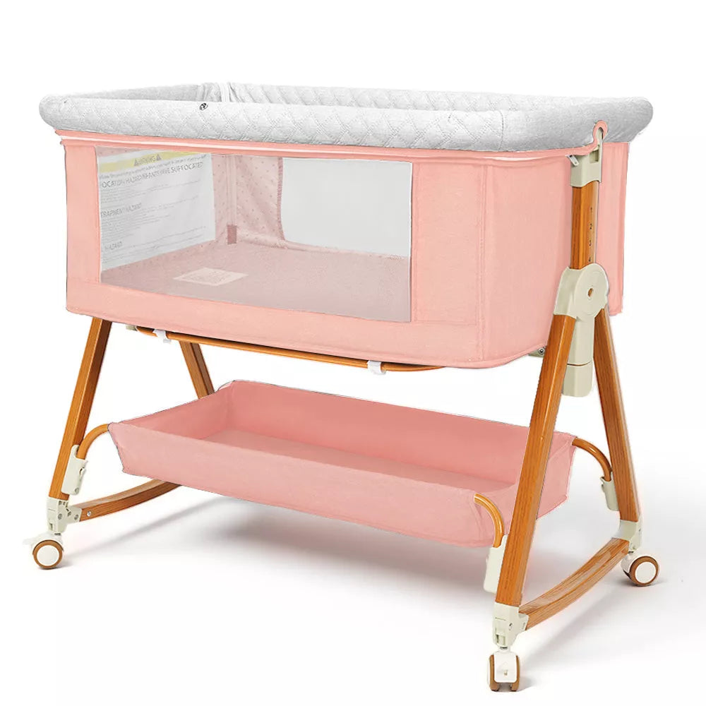 Baby Bassinet Bedside Sleeper, 6 Heights, Cradle Mode, Wheels, Foldable Crib, Pink