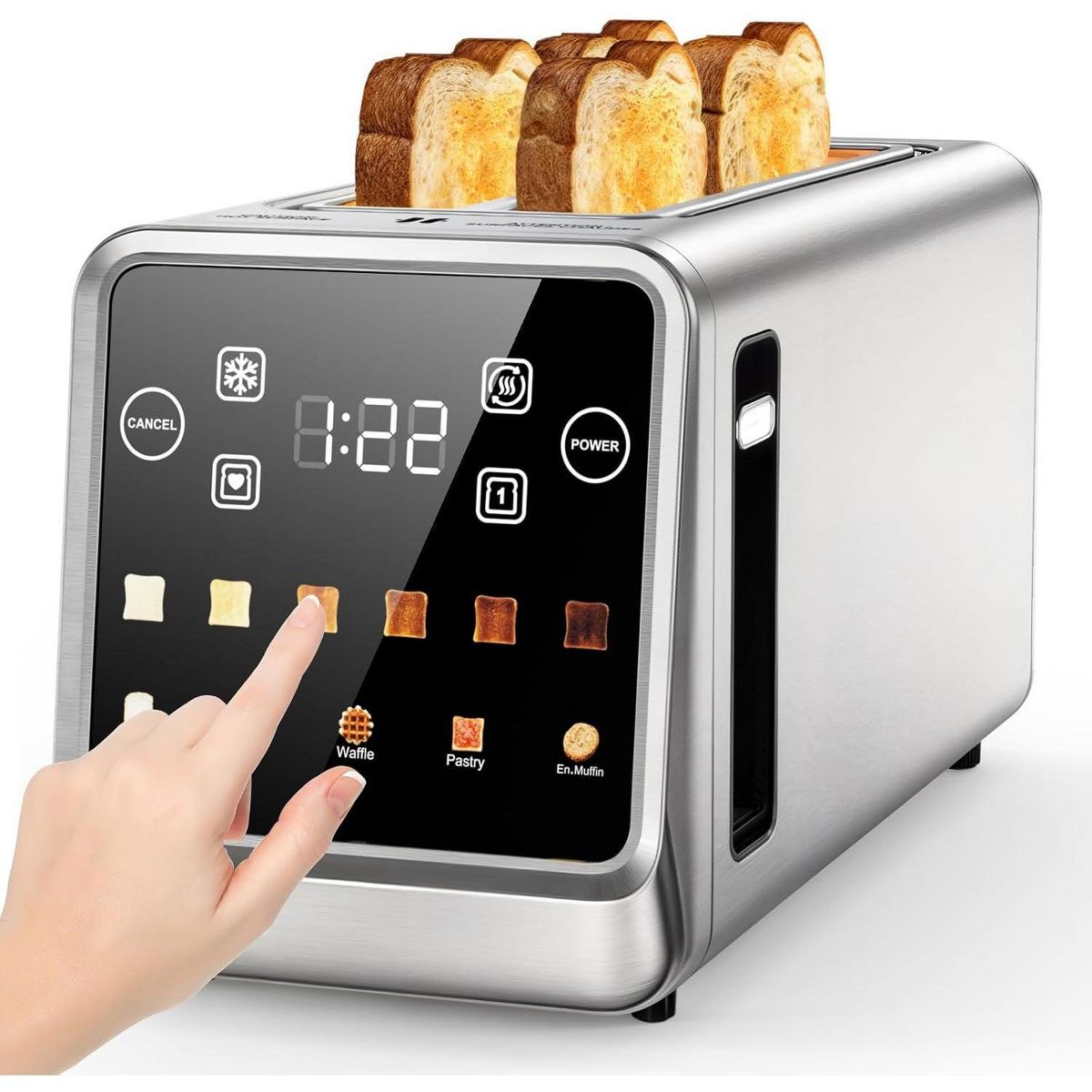 Teendow 1800W 4-Slice Smart Toaster with Digital Touchscreen, Extra-Wide Slots, Stainless Steel,Fast Heating,5 Bread Settings & 6 Shade Options