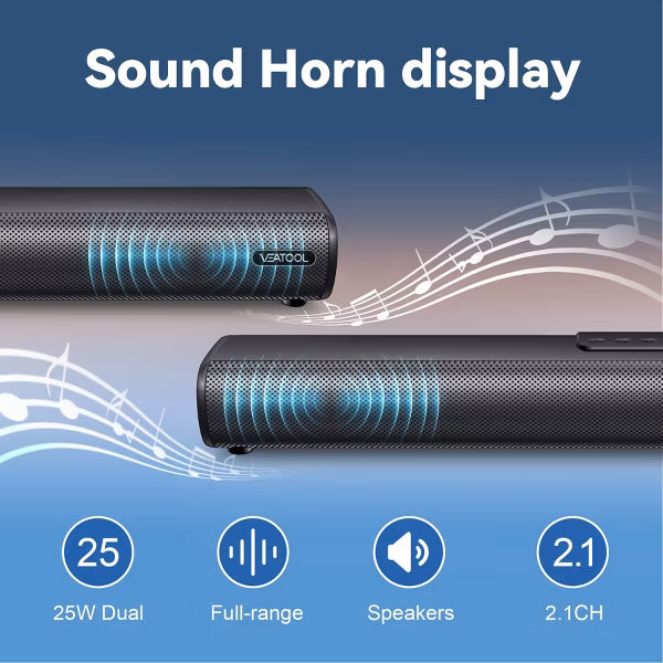 VEAT00L 2.1ch Sound Bar w/ built-in subwoofer, 40W, 3D surround. HDMI ARC, Bluetooth, Optical, RCA, USB, AUX. Wall mountable for TV.
