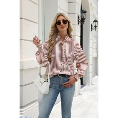 Zeagoo Women's Ruffle Trim Stand Collar Striped Button Down Long Sleeve Blouse Shirt-Light Kahki Stripe-XL