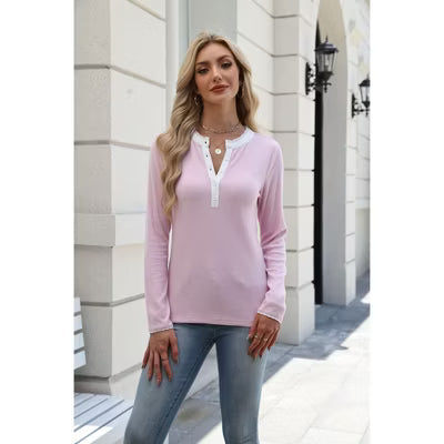 Zeagoo Women’s Long Sleeve Shirt Ribbed Knit Henley Top with Lace Trim-Orange pink-XXL