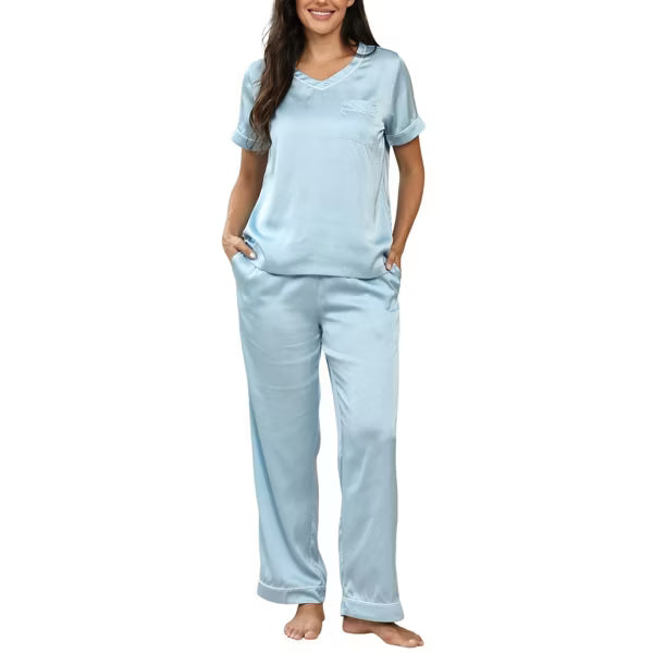 Ekouaer Women's Silky Satin V-Neck Short Sleeve Long Pants Pajama Set with Pocket Black Small