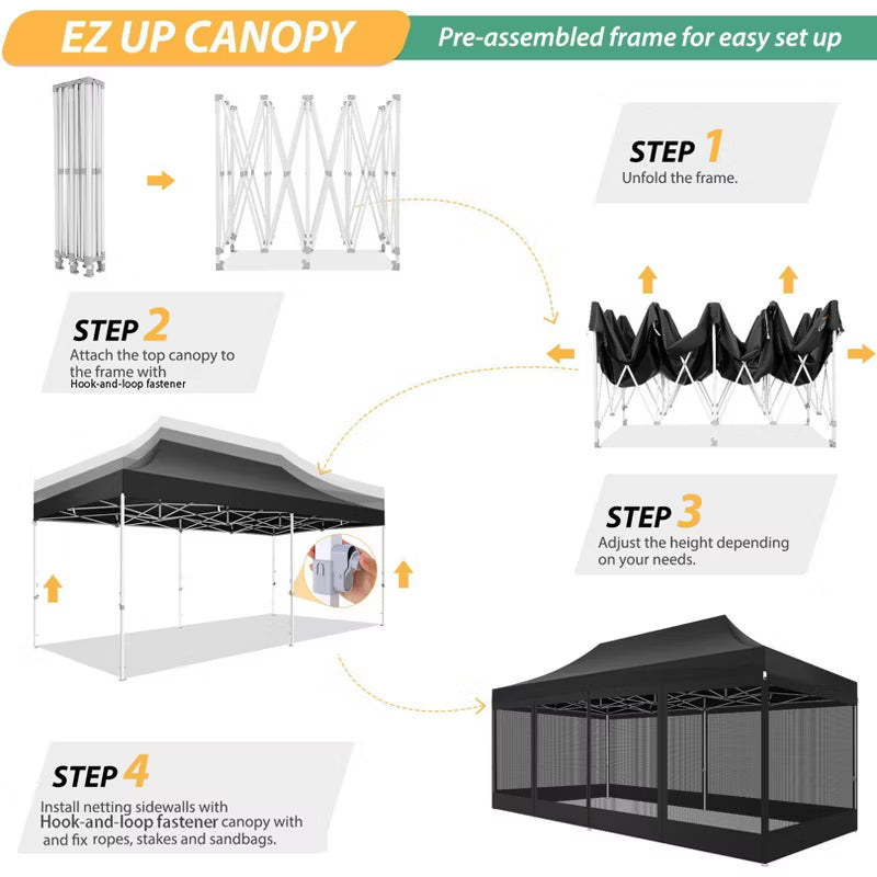 COBIZI 10x20FT Heavy Duty Pop Up Canopy Tent with 6 Sidewalls with Mosquito Netting Black