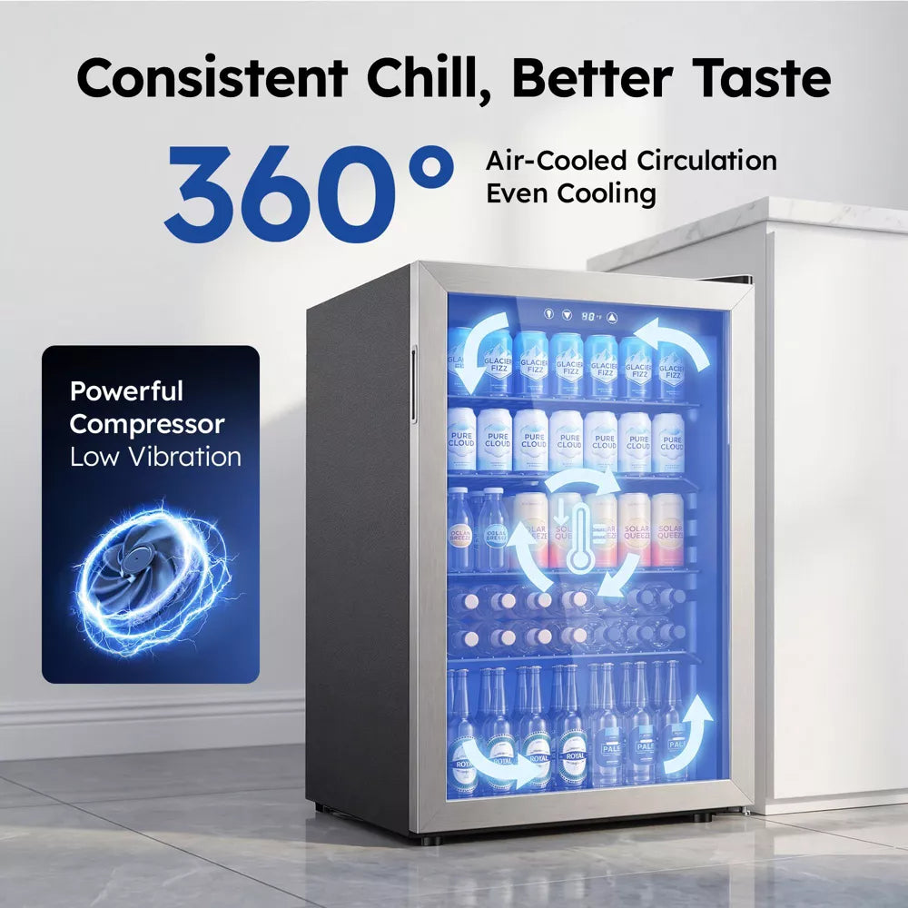 Simzlife 150 Can Beverage Refrigerator, 4.5 cu. ft. Mini Fridge, Adjustable Temperature Control, Glass Door, LED Light, Quiet Energy Efficient, Silver