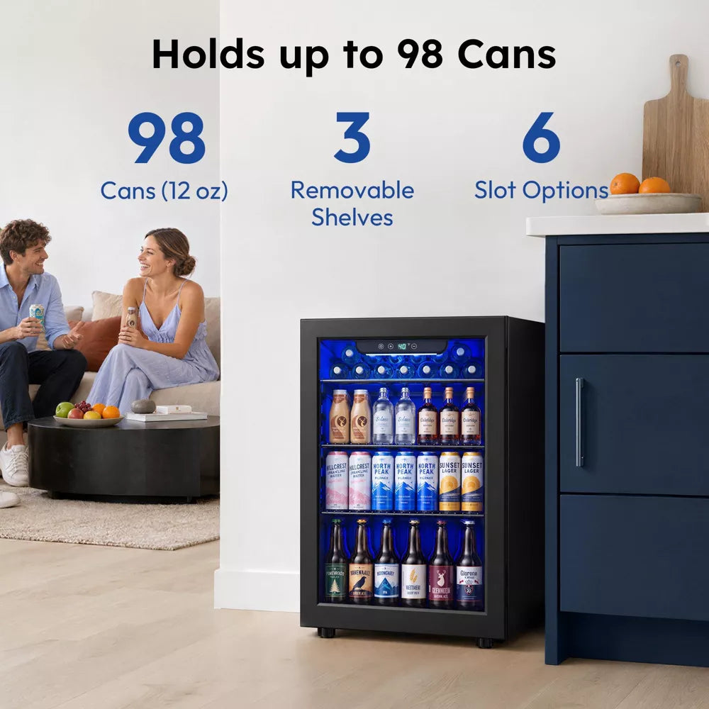 Simzlife 2.6 cu. ft./100 Cans Beverage Refrigerator, Mini Cooler with Blue LED, Digital Control, Air Cooled Frost Free, Black