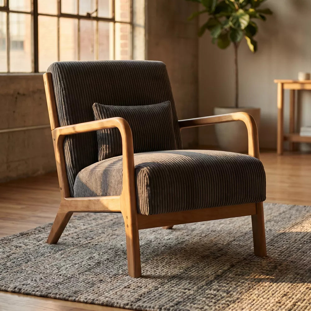 Nordhavn Corduroy Accent Chair with Solid Wood Frame & Lumbar Pillow, Mid-Century Lounge Armchair for Living Room, Dorm, Apartment, Charcoal Gray