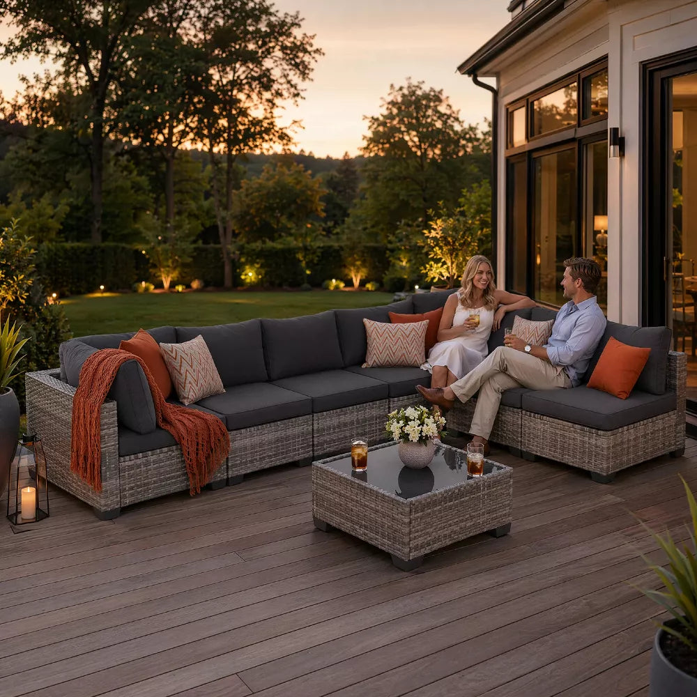 7 Pieces Wicker Outdoor Patio Furniture Set, Patio Sectional Sofa with Coffee Table, All-Weather Outdoor Sectional Furniture for Garden Backyard