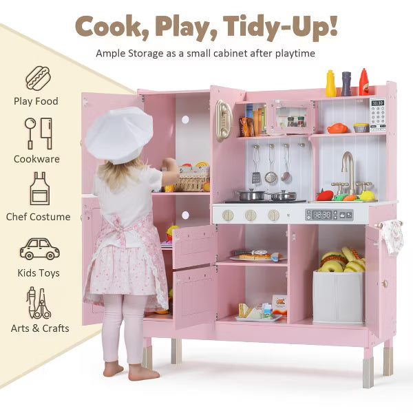 TODECARE Wooden Pretend Play Kitchen Set for Kids with Microwave oven, Ice Maker and Oven, Pink