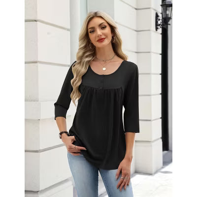 Zeagoo Women's Henley 3/4 Sleeve Flared Loose Casual Tunic Top-Black-M