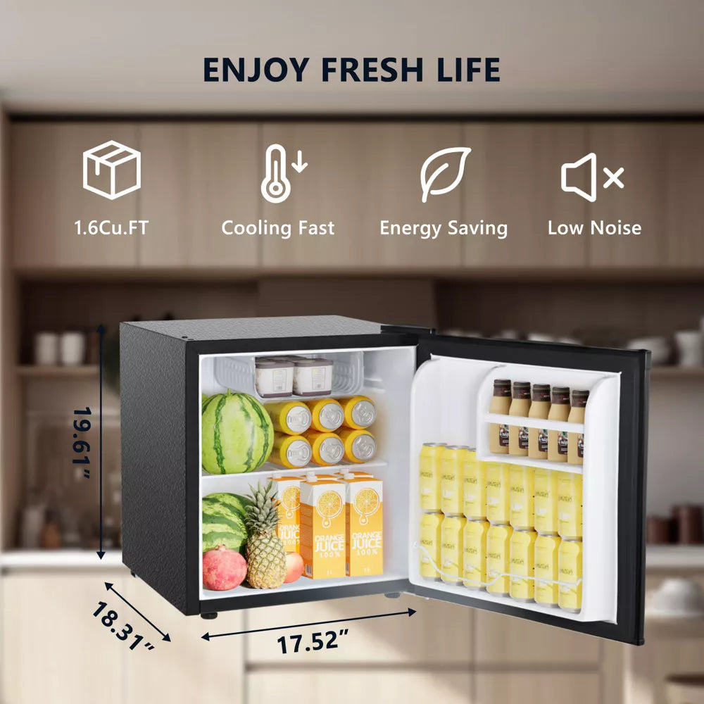 Simzlife 1.6 cu. ft. Mini Fridge with Freezer, Single Reversible Door, 2 Zone, Low Noise, Compact Dorm Freezer, Black