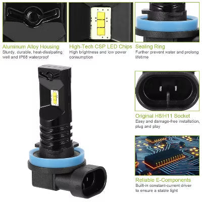 2-Pack H8/H9/H11 LED Fog and DRL Bulbs, 6000K White Light, 600 Lumens and IP68 Waterproof Housing for Compatible 12V Vehicles