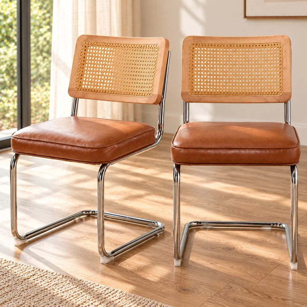 LauKingdom Cognac Brown Rattan Dining Chairs Set of 2, Faux Leather Cane Back Kitchen Chairs with Chrome Cantilever Frames for Dining Room & Apartment