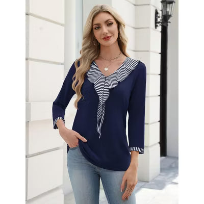 Zeagoo Women's Striped Ruffle V Neck 3/4 Sleeve Color Block Casual Blouse Top-Dark Blue-L
