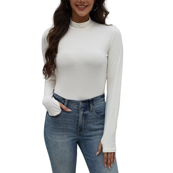 Ekouaer Women's Mock Neck Long Sleeve Thermal Top with Thumb Holes Beige S