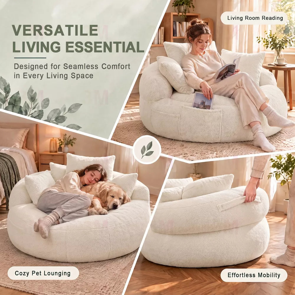 LauKingdom 5ft Oversized Bean Bag Chair, Memory Foam Filled Round Lounger with 3 Throw Pillows, Soft Fleece Sofa for Living Room, Bedroom