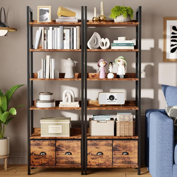 Qwatto 6 Tier 71'' Tall Rustic Bookcase with 2 Drawers Storage Organizer Industrial Wood Metal Freestanding Bookshelf Home Office Bedroom Rustic Brown