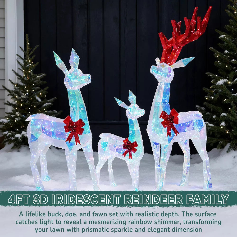 Romswi 3pcs Pre-Lit Iridescent Reindeer family Lighted Outdoor Christmas Decoration Xmas Holiday Decor w/ 180 LED Lights for Yard Porch Patio Garden