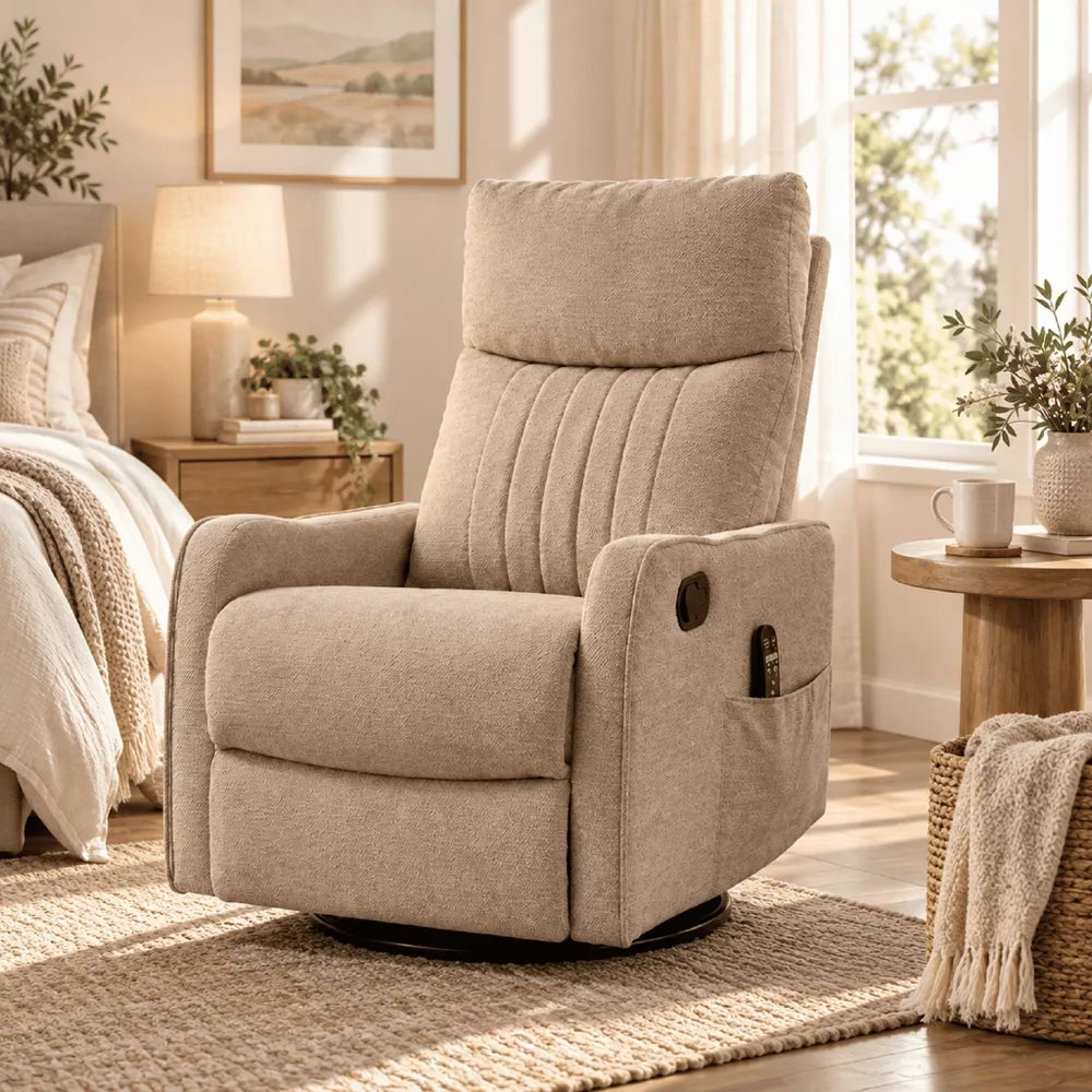 360° Rotation, 8-Point Vibrating Swivel Rocker Chenille Recliner Chair with Massage and Heating