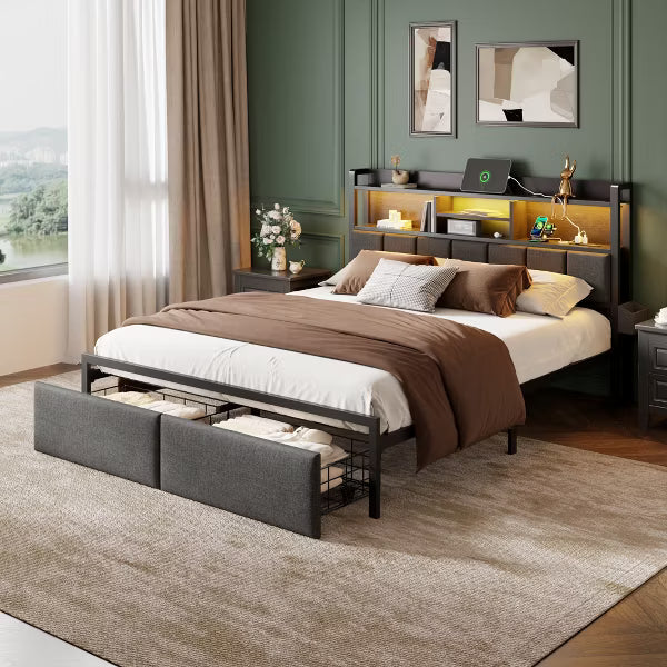 Qwatto Queen Bed Frame With Charging Station LED Lights Upholstered Storage Headboard Shelf Under Bed Drawers Metal Platform No Box Spring Needed