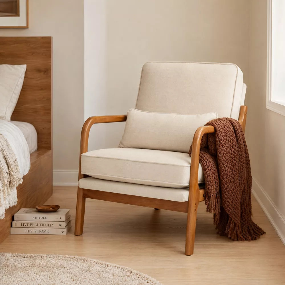 Accent Chair Mid-Century Modern Chair with Pillow Upholstered Lounge Arm Chair for Dorm Room, Bedroom, Balcony,Linen Off-White