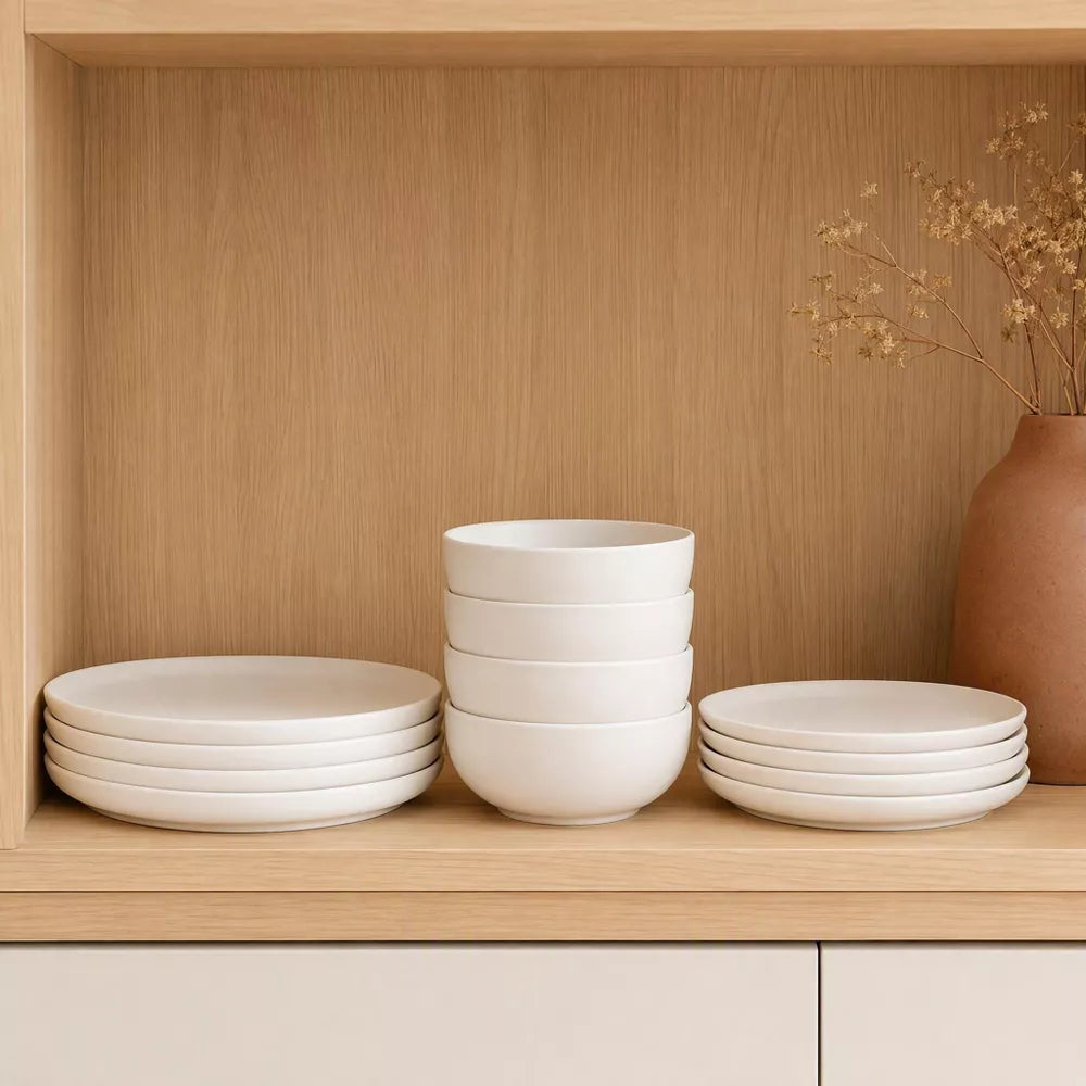 GreenElevate Stoneware Elegance 12-Piece Dinnerware Set for 4, Plates&Bowls, Microwave & Dishwasher Safe, Non-Toxic Matte Glaze, Stackable Kitchenware