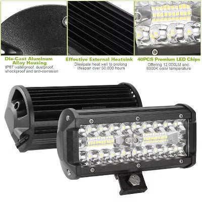 7" LED Light Bar 120W 12000LM LED Work Light Pods Offroad Driving Lights IP67 Waterproof Fog Light Spot Flood Beam for Jeep Trailer Truck Bus Boat
