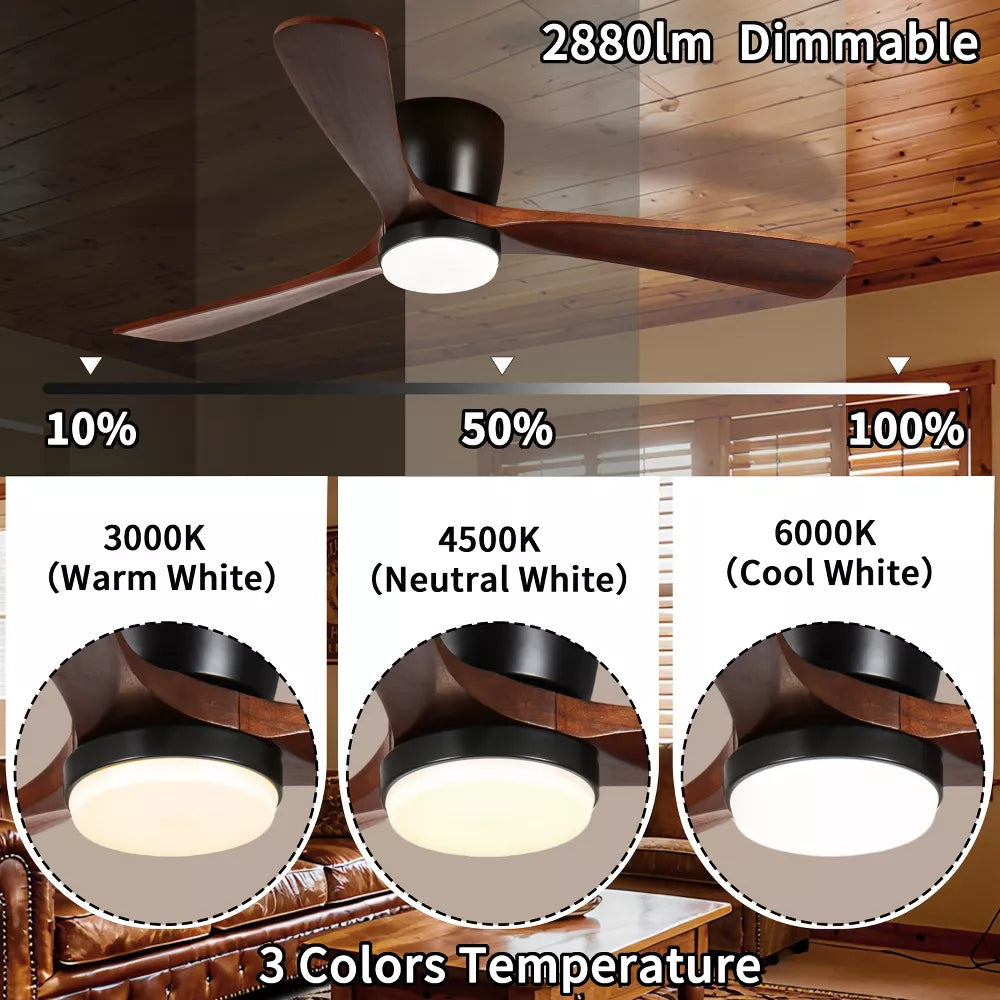Wanze of Ocean 42 Inch Low Profile Flush Mount Ceiling Fans with Lights, Reversible DC Motor, 3 Solid Wood Blades, 3-Way Control, Black
