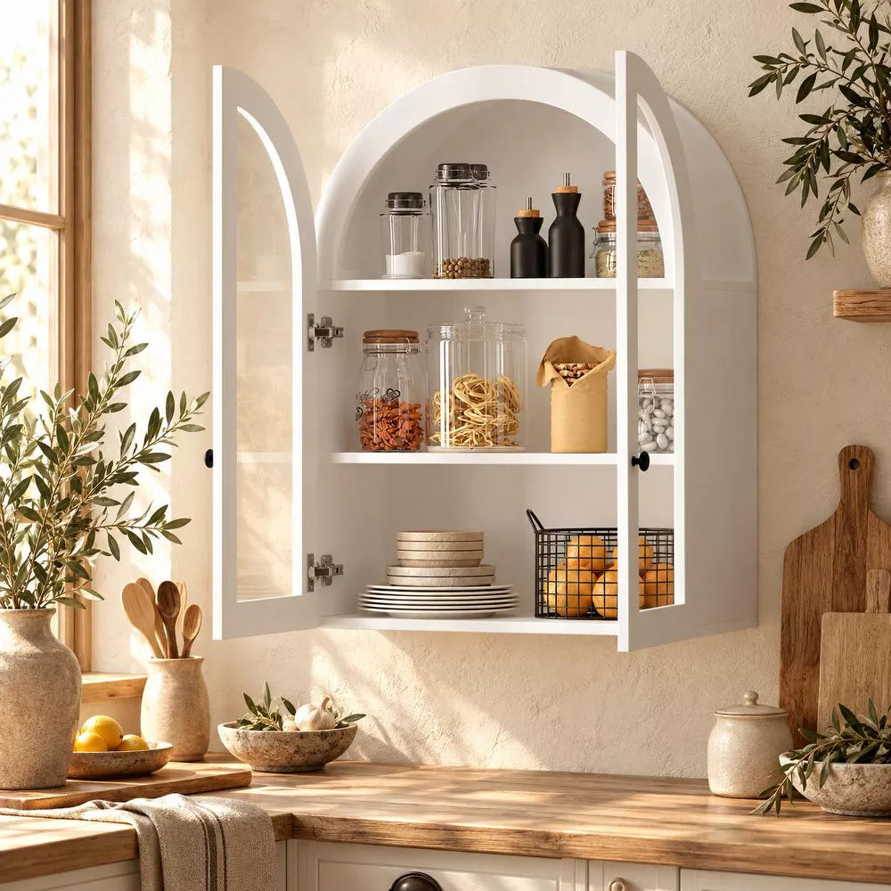 Laukingdom 23'' Arched Wall Mounted Storage Cabinet, Wood Veneer Wall Pantry cabinet with Adjustable Shelf for Kitchen, Laundry Room