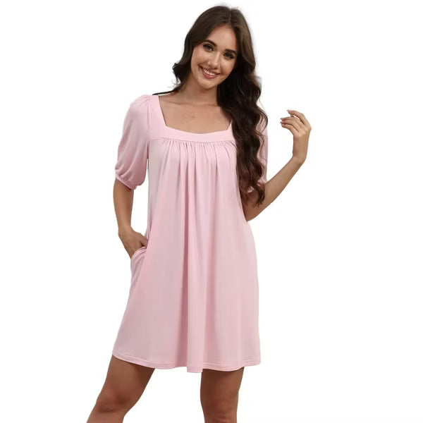 Ekouaer Women's Square Neck Puff Short Sleeve Nightgown with Side Pockets CX6 S