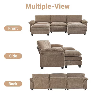 Karl Home |120 in. W Pillow Top Arm Double-layer Cushion Chenille Sofa in Brown With Ottoman