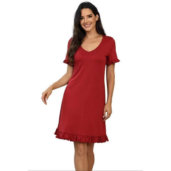 Ekouaer Women's V-Neck Ruffle Trim Short Sleeve Knit Nightgown Black S