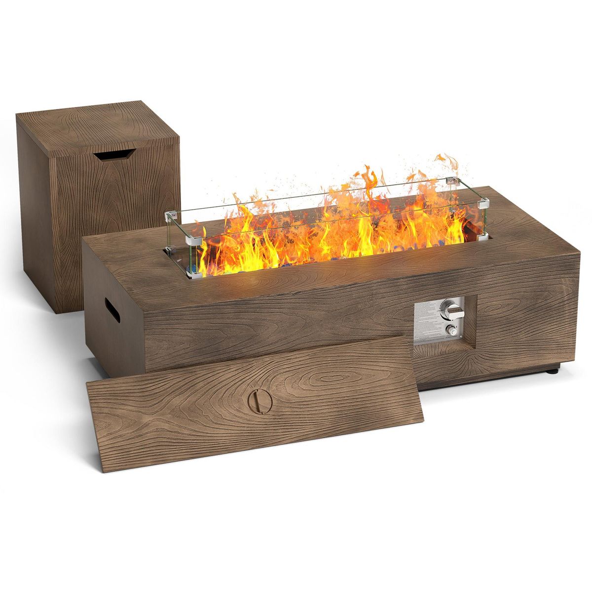 Evita 42" Gas Fire Pit Table, 50,000 BTU Propane Burner with Windshield&Rain Cover&Glass Stone, 2-in-1 Fire Pit&Table for Patio,Backyard Gatherings